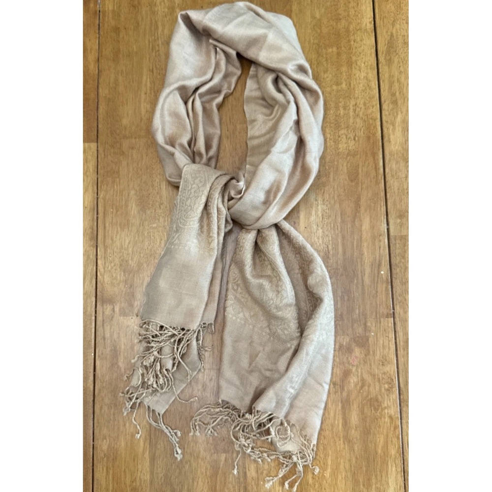 Pashmina Rayon Tencel Tan Paisley Fringe Rectangle Shawl Scarf 70 x 28"